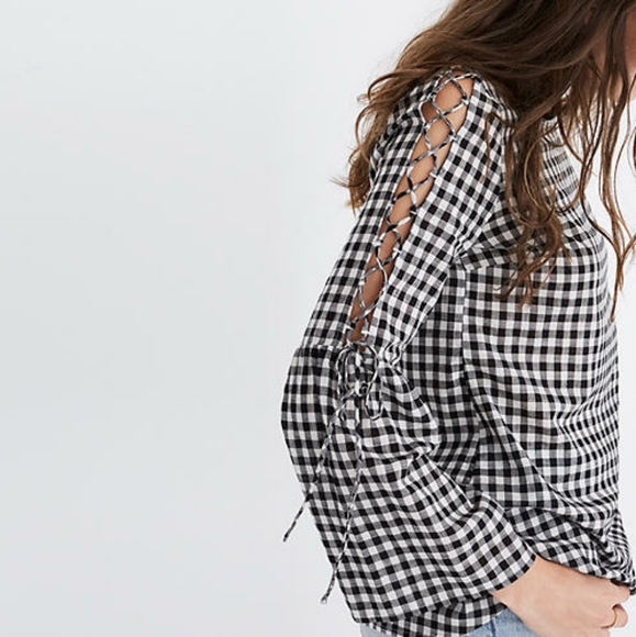 Madewell Gingham lace bell sleeve top size… - Picture 3 of 9